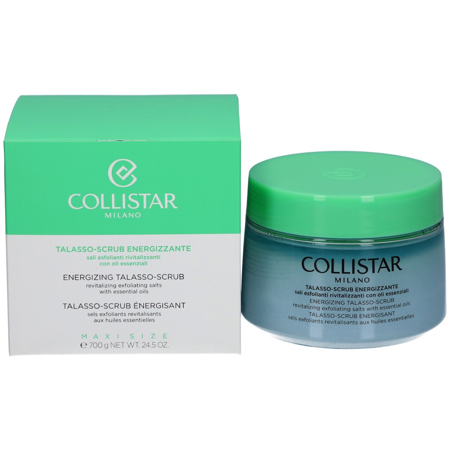 Product en verpakking. Blauwgroene pot met groen deksel en groene doos. Opschrift: COLLISTAR MILANO.