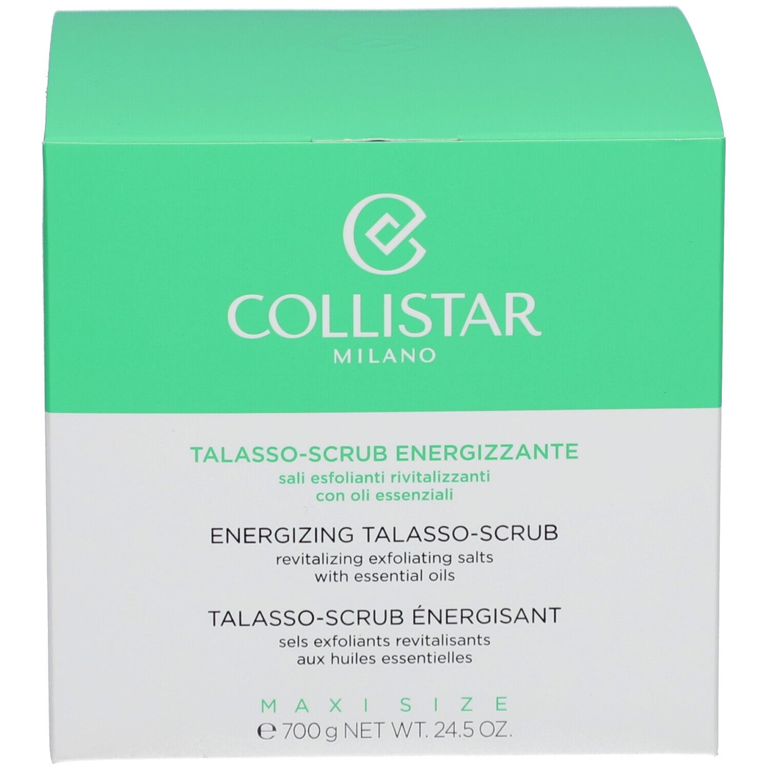 Groene doos. Opschrift: COLLISTAR MILANO. Productnaam en beschrijving. Gewicht: 700 g NET WT. 24,5 OZ.