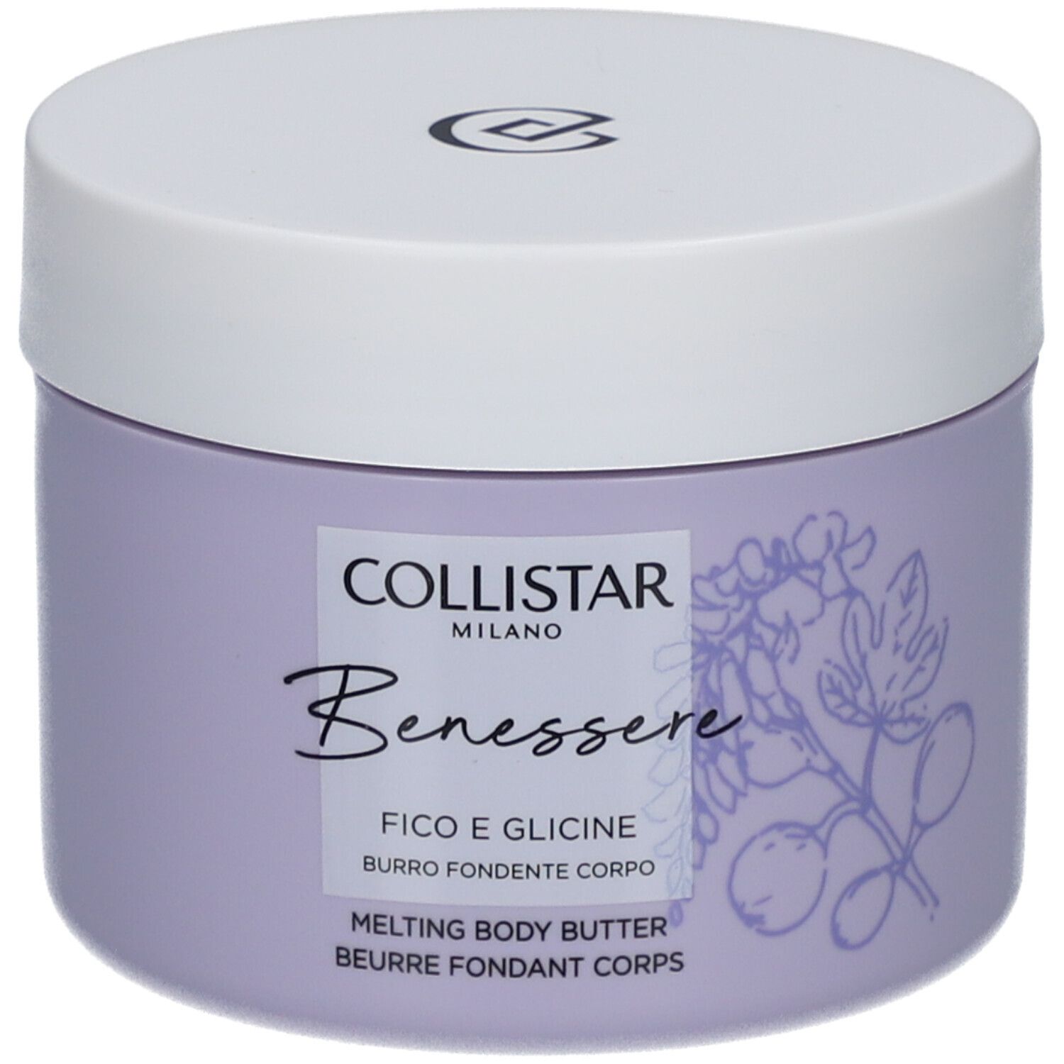 Lila pot met witte deksel. Opschrift: Collistar, Benessere, Fico e Glicine, Melting Body Butter.
