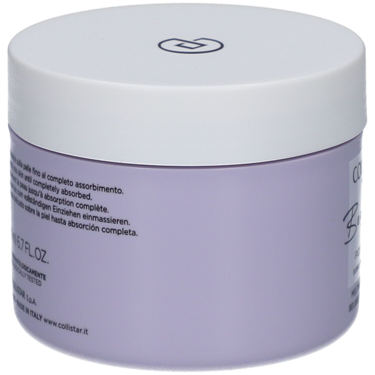 Lila pot met witte deksel. Opschrift: Collistar, Benessere, Fico e Glicine, Melting Body Butter.