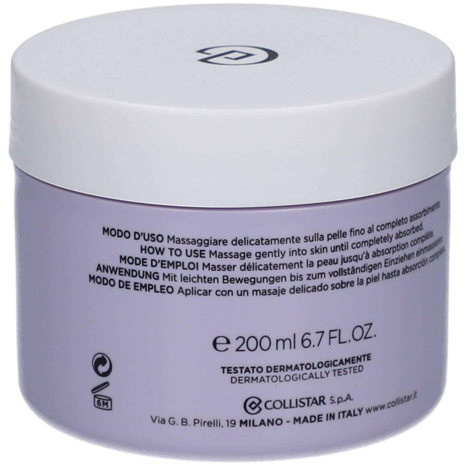 Lila pot met witte deksel. Opschrift: Collistar, Benessere, Fico e Glicine, Melting Body Butter.