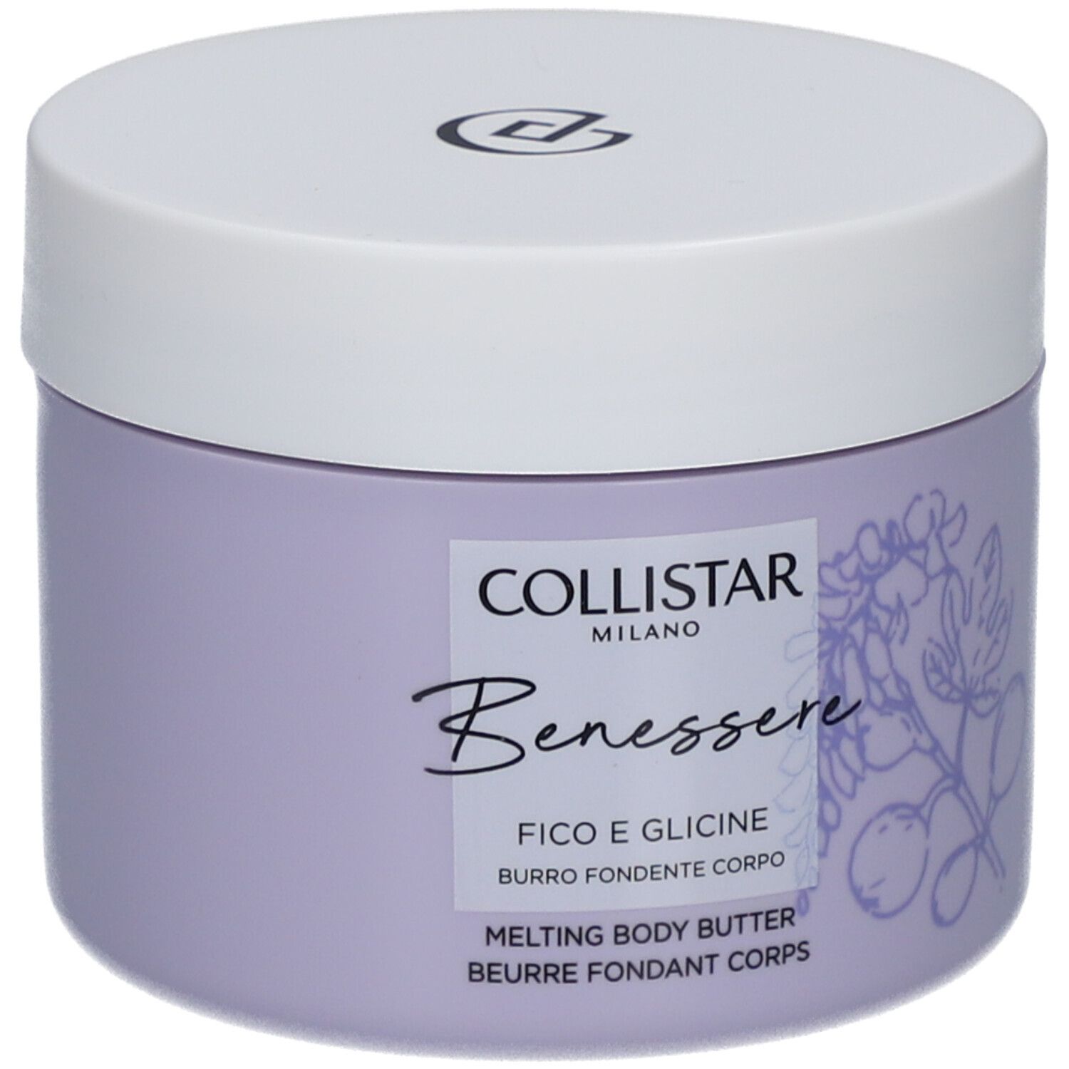Lila pot met witte deksel. Opschrift: Collistar, Benessere, Fico e Glicine, Melting Body Butter.