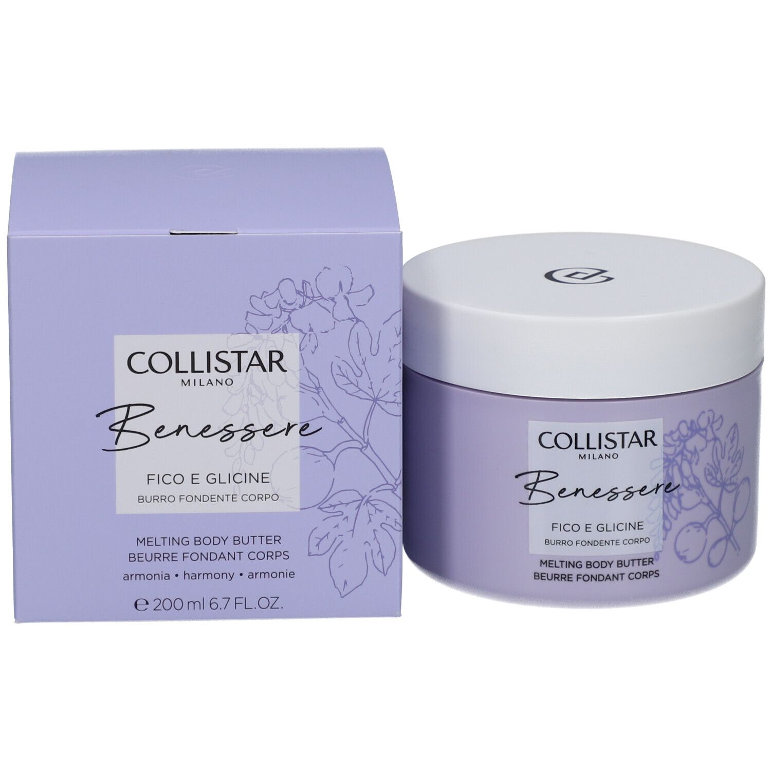 Productverpakking: pot en doos. Opschrift: Collistar, Benessere, Fico e Glicine, Melting Body Butter.