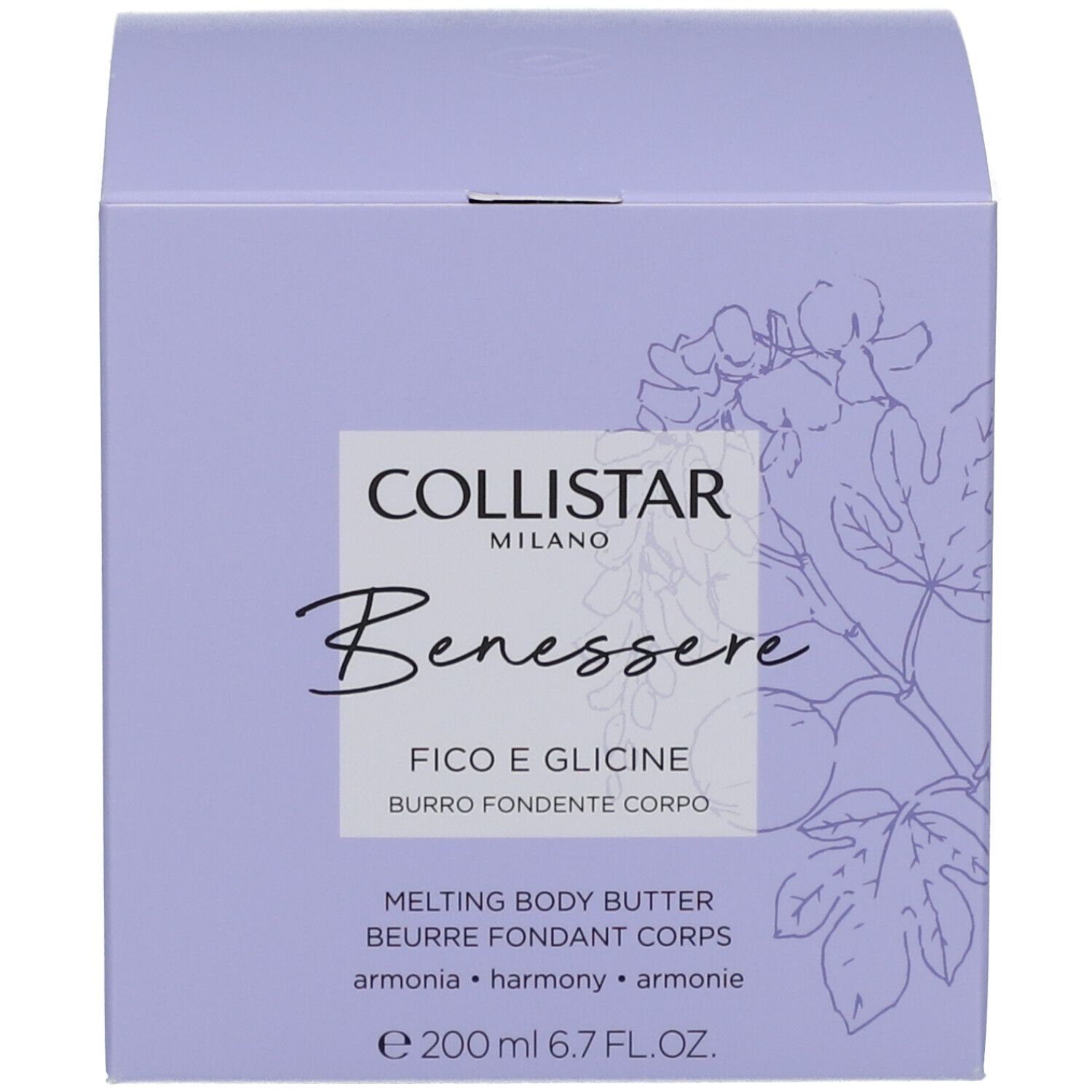 Productverpakking: doos. Opschrift: Collistar, Benessere, Fico e Glicine, Melting Body Butter.