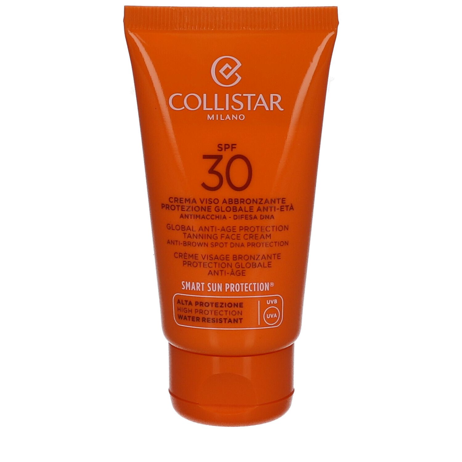 Oranje tube Collistar, SPF 30. Crème voor gezicht, anti-aging, zonbescherming. Waterbestendig. Logo en tekst.