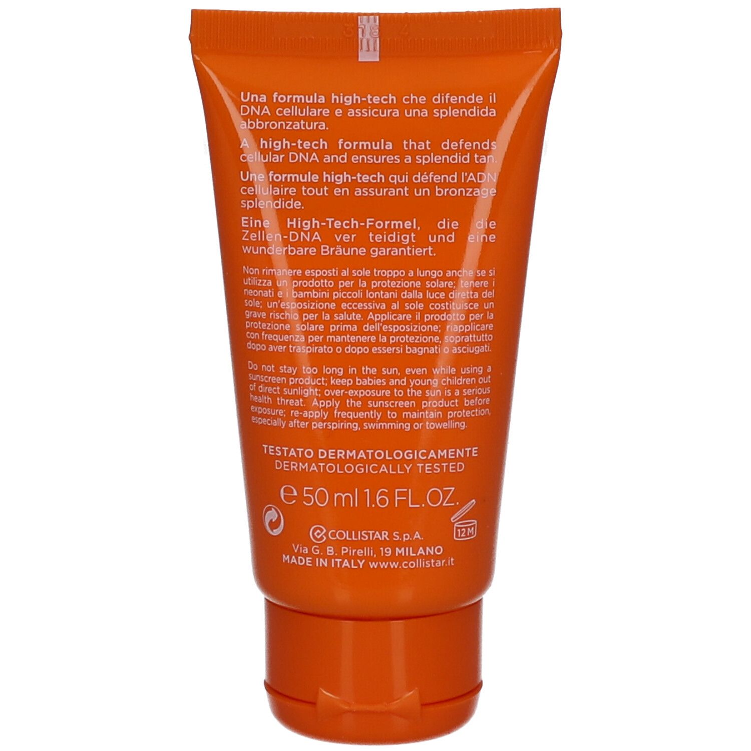 Achterkant van de oranje tube. Meertalige tekst. Dermatologisch getest. 50 ml. Gemaakt in Italië.