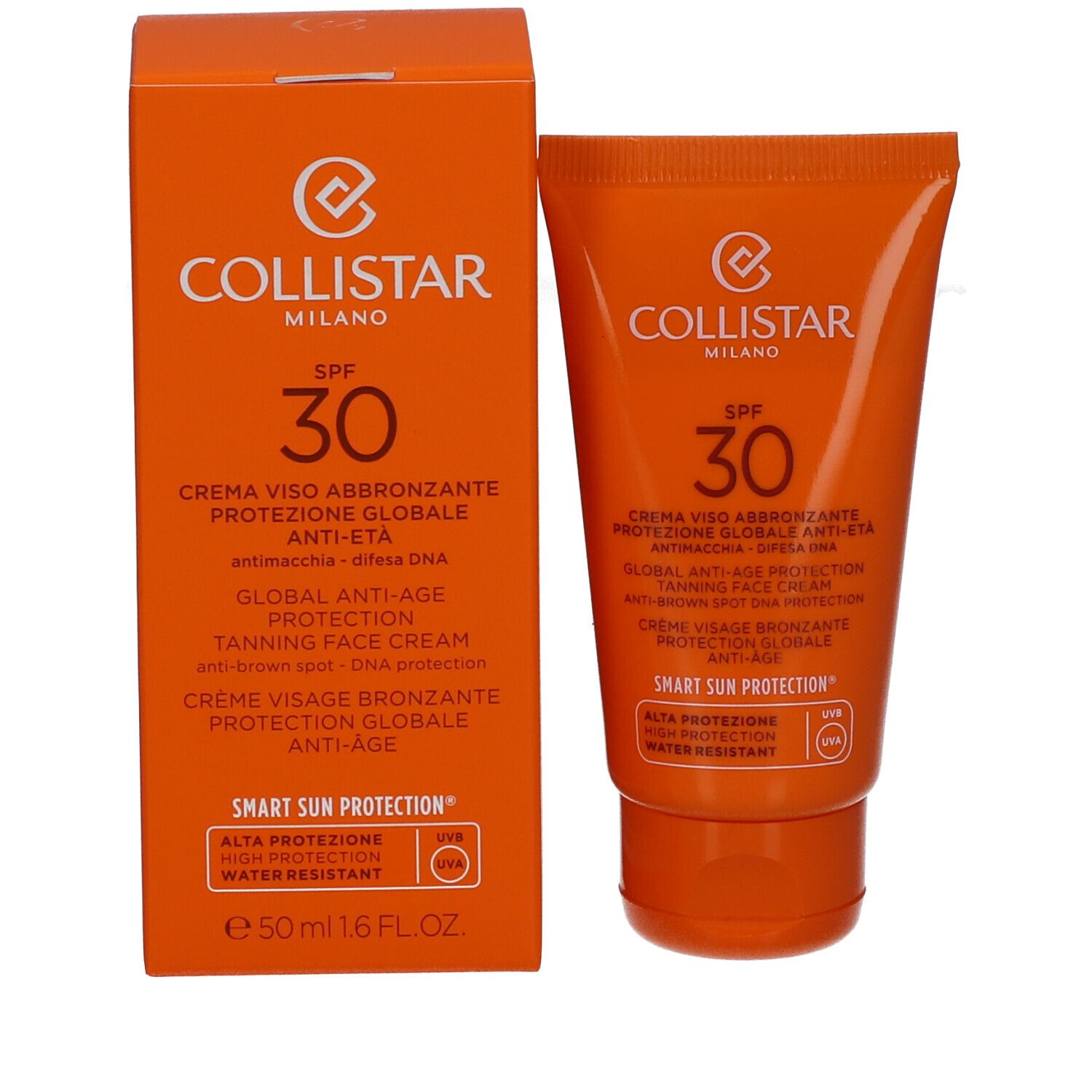 Productverpakking: oranje doos en tube. Collistar, SPF 30. Crème voor gezicht, anti-aging. 50 ml.