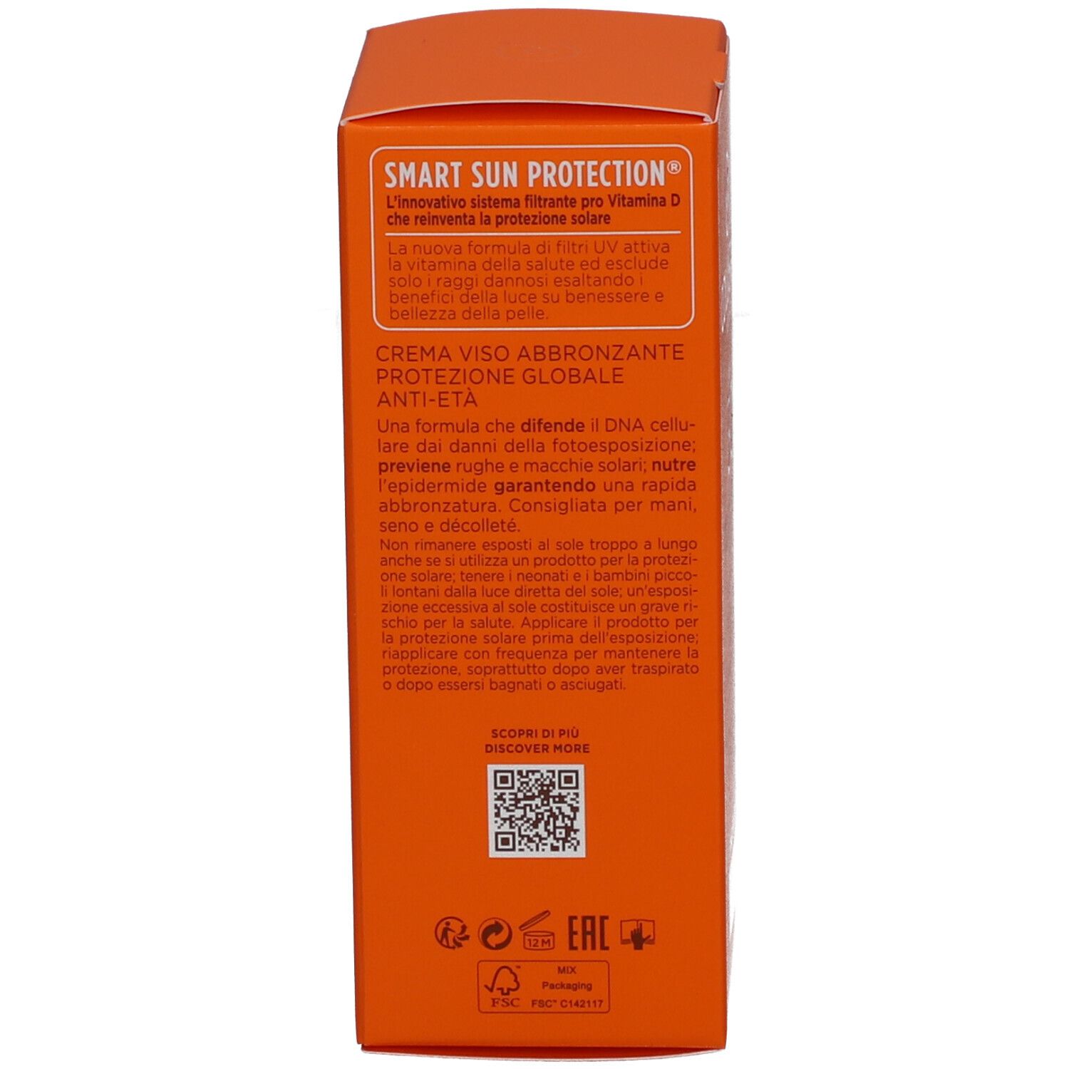 Achterkant van de oranje doos. Meertalige tekst. QR-code. Milieukeur. Dermatologisch getest.