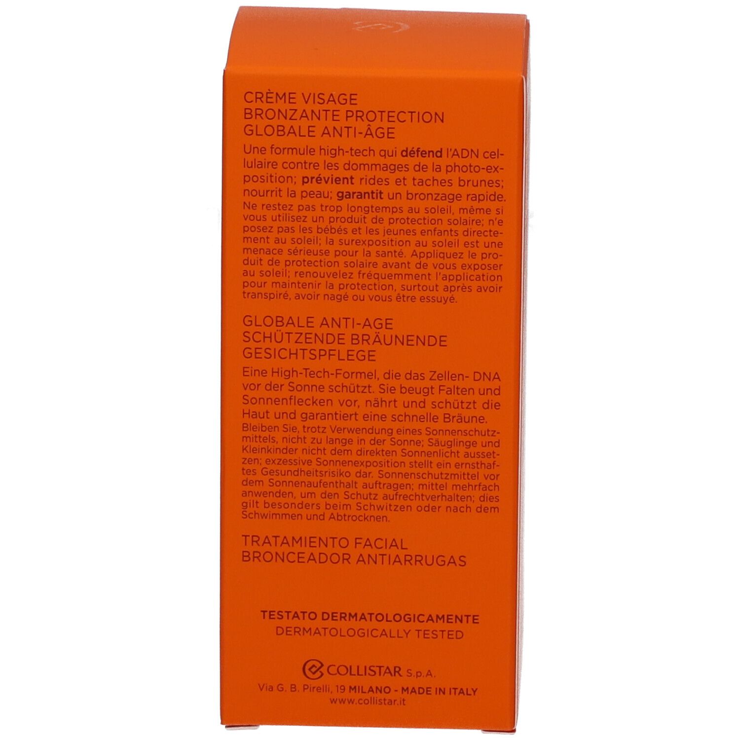 Zijkant van de oranje doos. Meertalige tekst. Dermatologisch getest. Gemaakt in Italië.