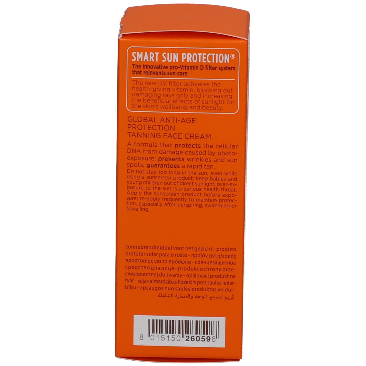 Achterkant van de oranje doos. Meertalige tekst. Streepjescode. Dermatologisch getest.