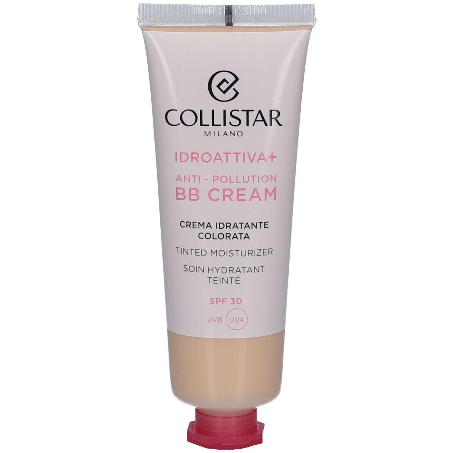 Tube BB Cream Collistar Idroattiva+ Anti-Pollution. Tint Light. SPF 30. Roze dop. Italiaanse tekst.