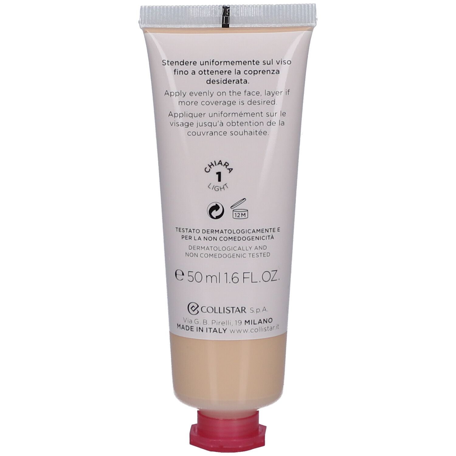 Achterkant BB Cream tube. Collistar Idroattiva+ Anti-Pollution. Tint Light. SPF 30. Italiaanse tekst.