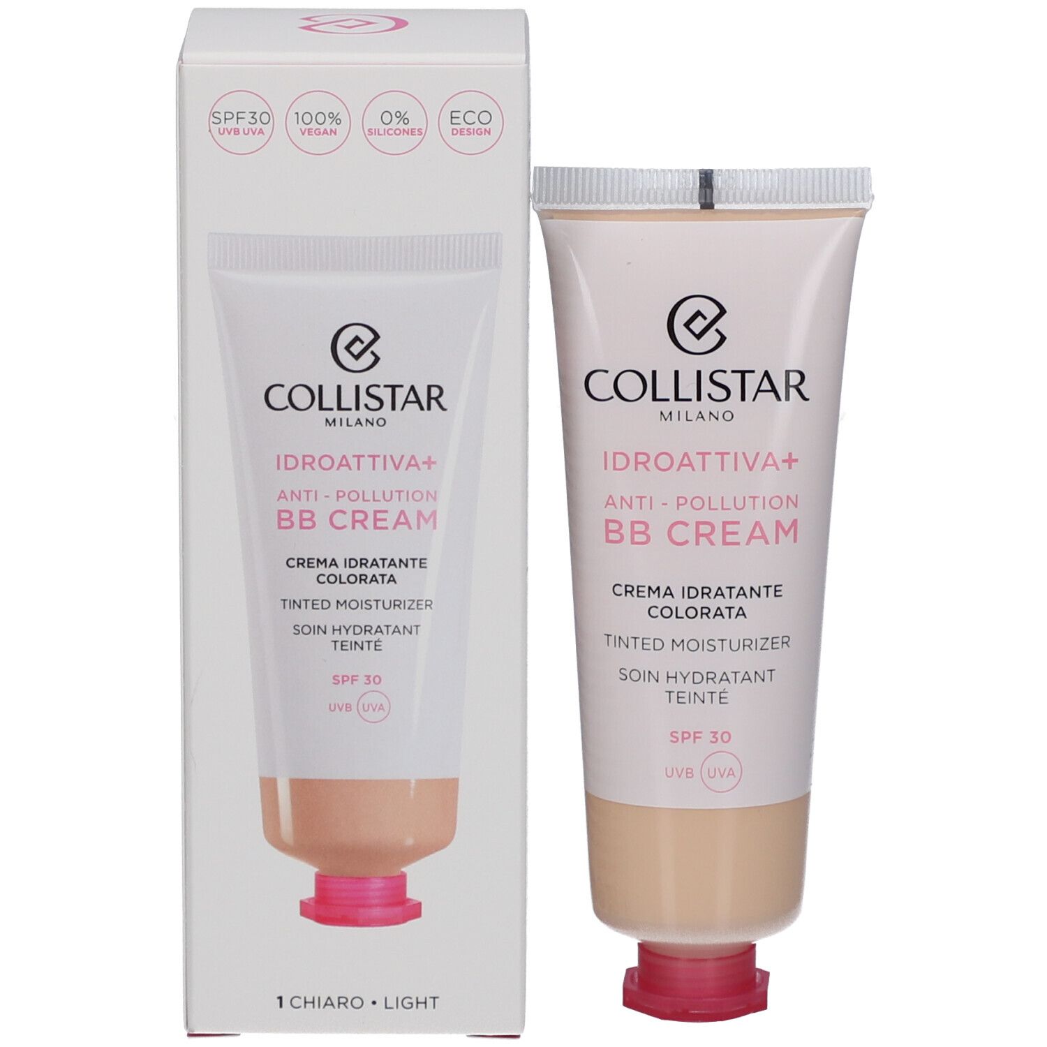 BB Cream tube en verpakking. Collistar Idroattiva+ Anti-Pollution. Tint Light. SPF 30. Vegan.