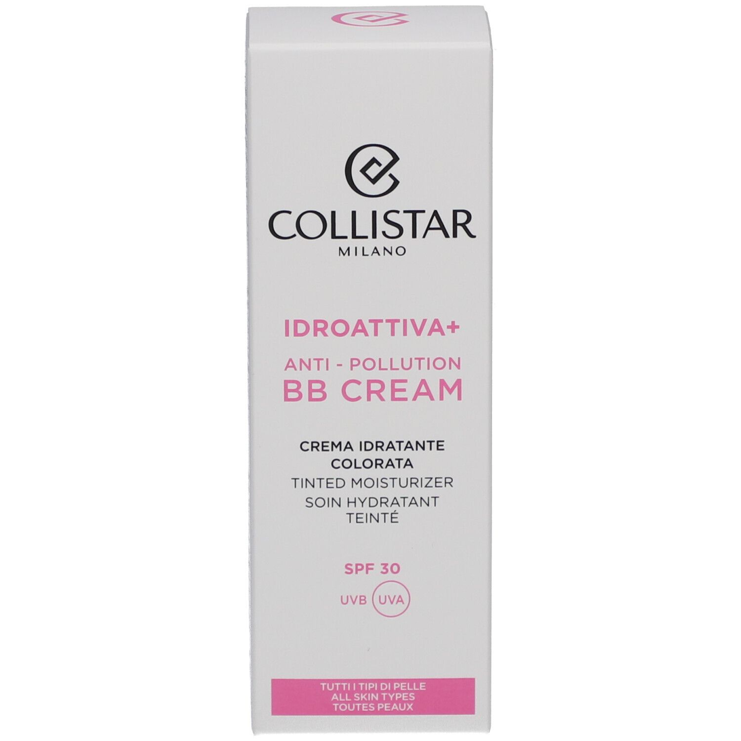 Verpakking BB Cream. Collistar Idroattiva+ Anti-Pollution. SPF 30. Voor alle huidtypes.