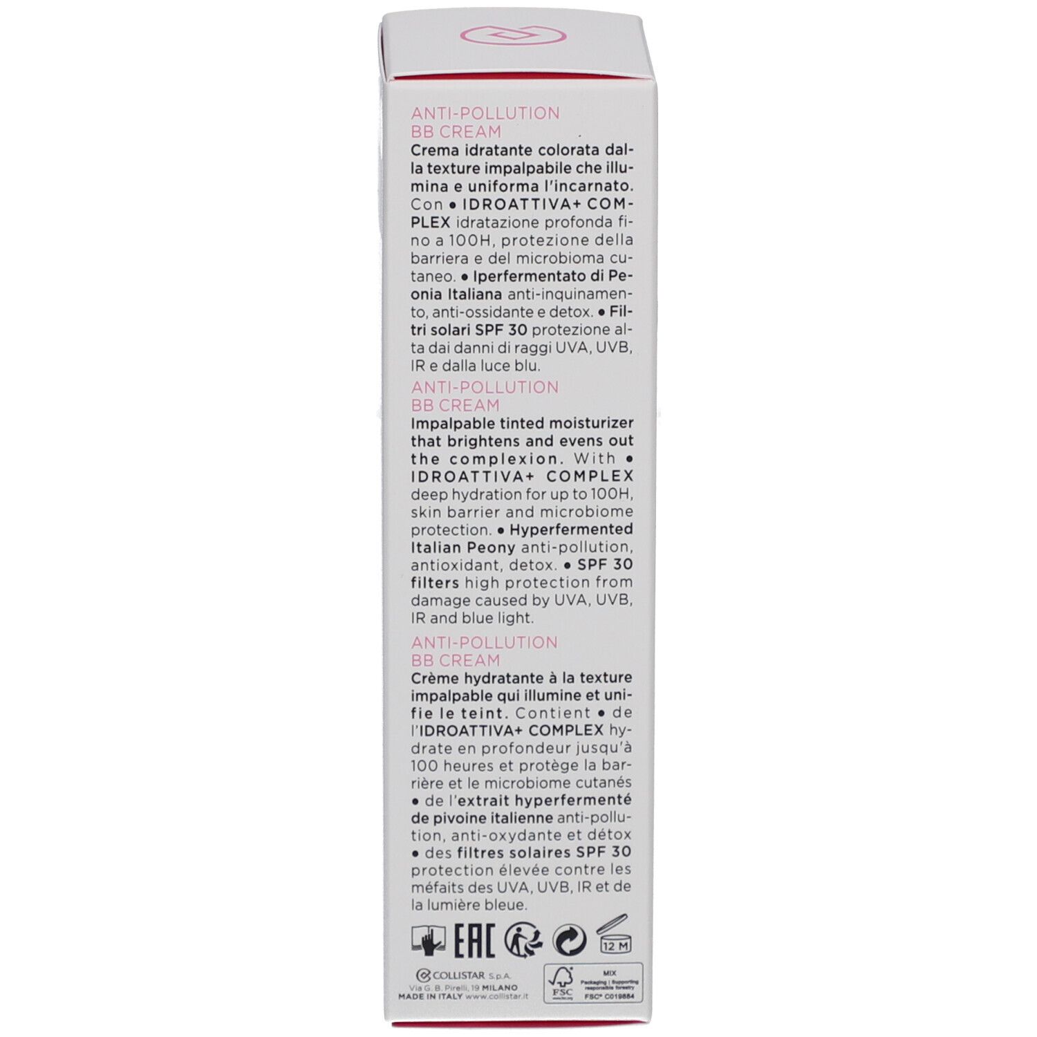 Achterkant verpakking BB Cream. Collistar. Italiaanse en Franse tekst. SPF 30.