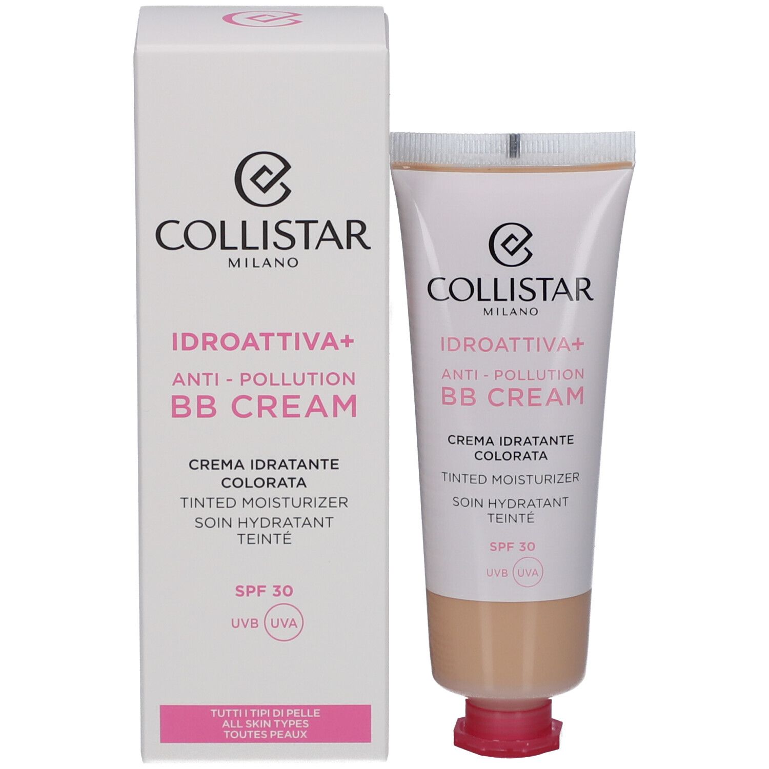 Collistar IDROATTIVA+ Anti-Pollution BB Cream en verpakking. Tint Medium, SPF 30. Alle huidtypen.