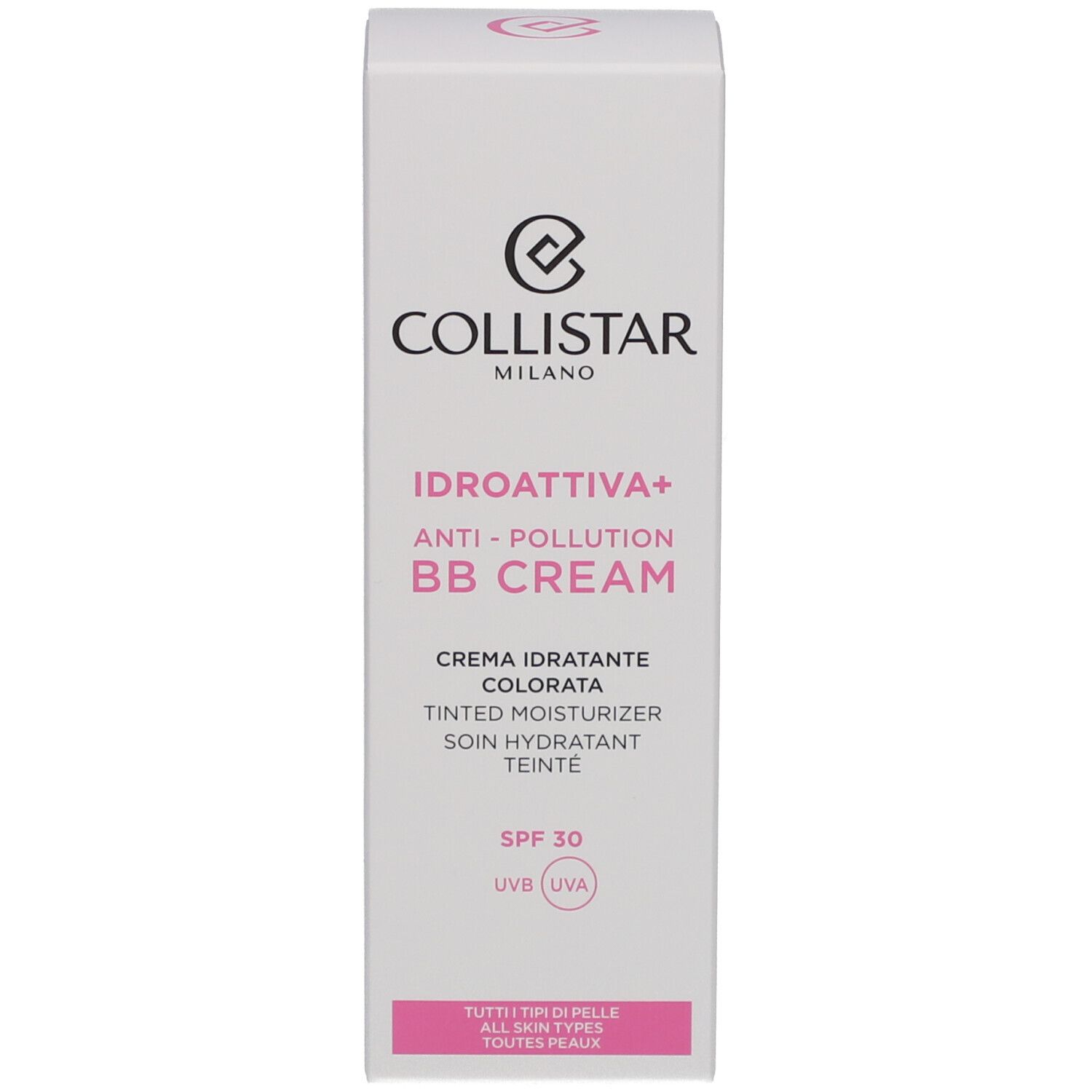 Verpakking van Collistar IDROATTIVA+ Anti-Pollution BB Cream. Tint Medium, SPF 30. Alle huidtypen.