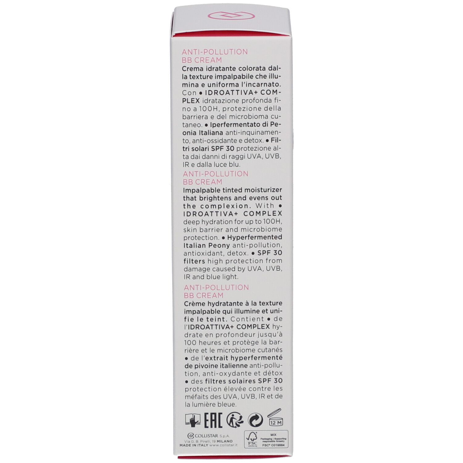 Verpakking van Collistar IDROATTIVA+ Anti-Pollution BB Cream. Productbeschrijving in drie talen.