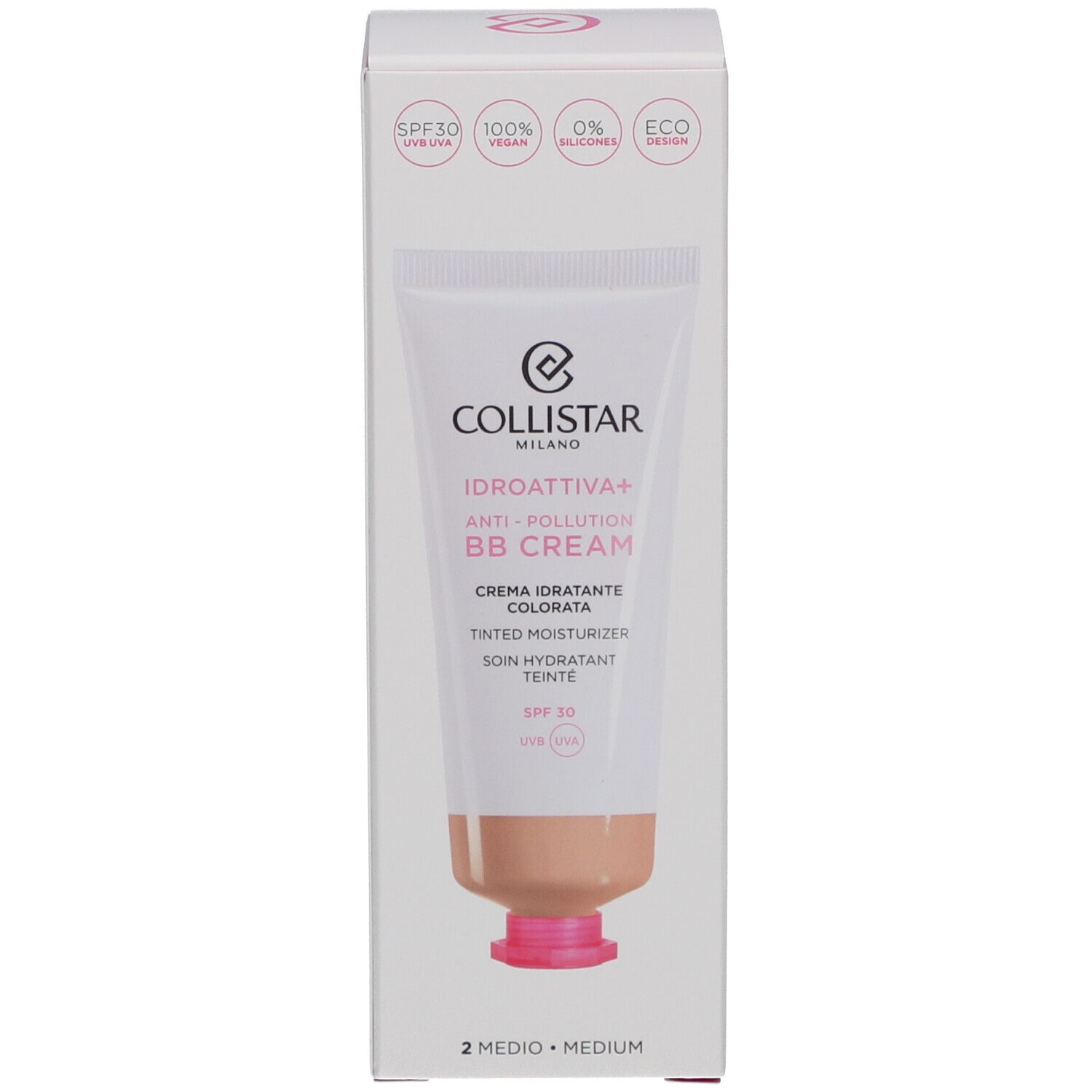 Collistar IDROATTIVA+ Anti-Pollution BB Cream en verpakking. Tint Medium, SPF 30. Veganistisch.