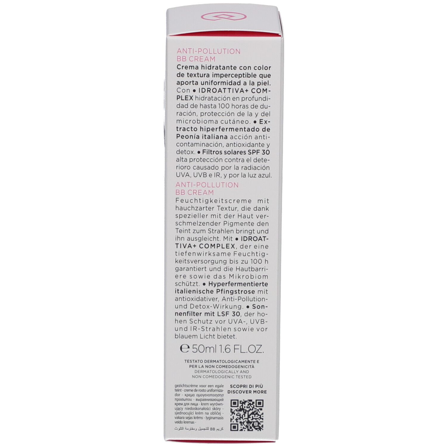 Verpakking van Collistar IDROATTIVA+ Anti-Pollution BB Cream. Productbeschrijving in twee talen.