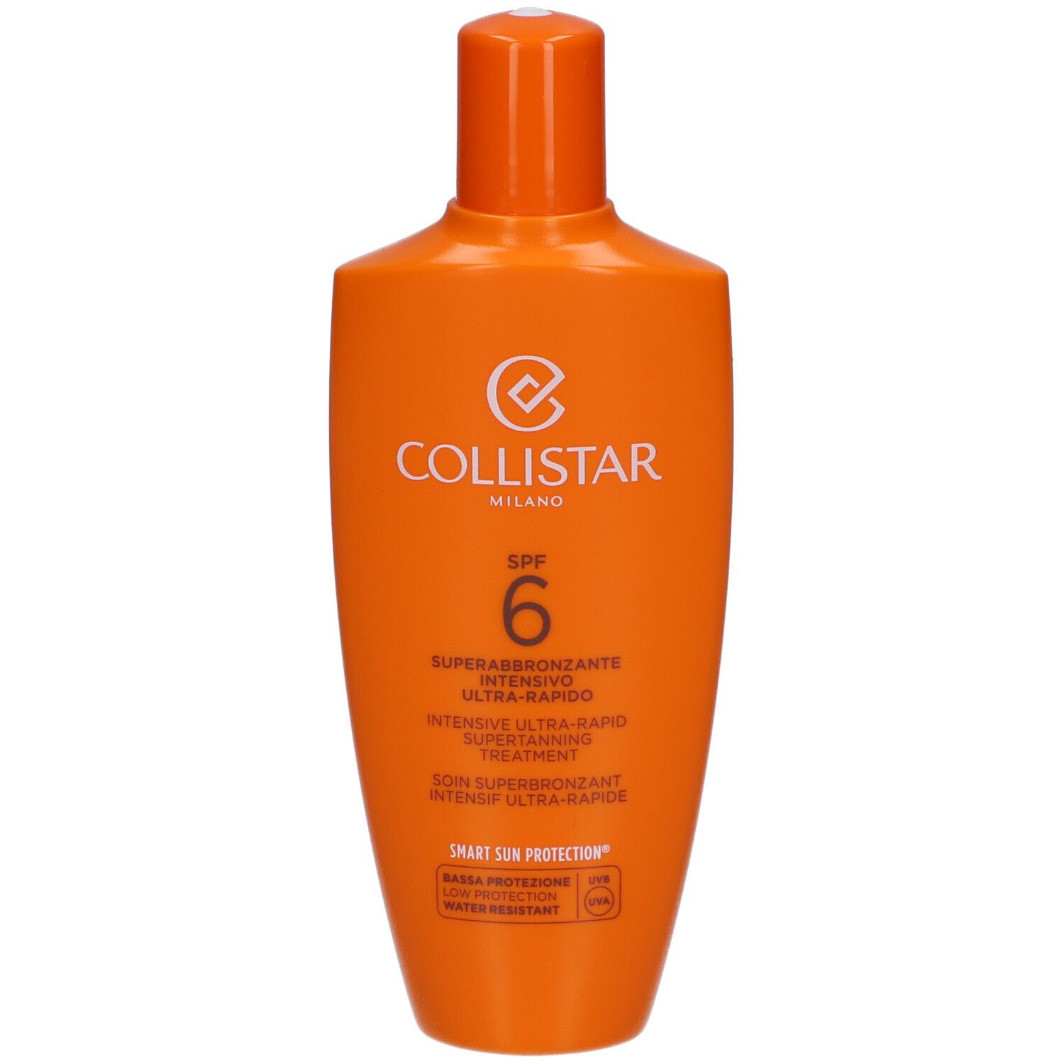 Flacon orange avec étiquette blanche. Collistar Milano, SPF 6, Superabbronzante Intensivo Ultra-Rapido. Résistant à l'eau.