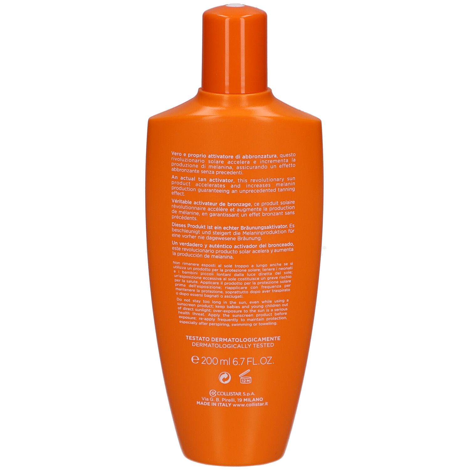 Dos d'un flacon orange. Texte multilingue. Testé dermatologiquement. 200 ml, 6.7 FL.OZ.