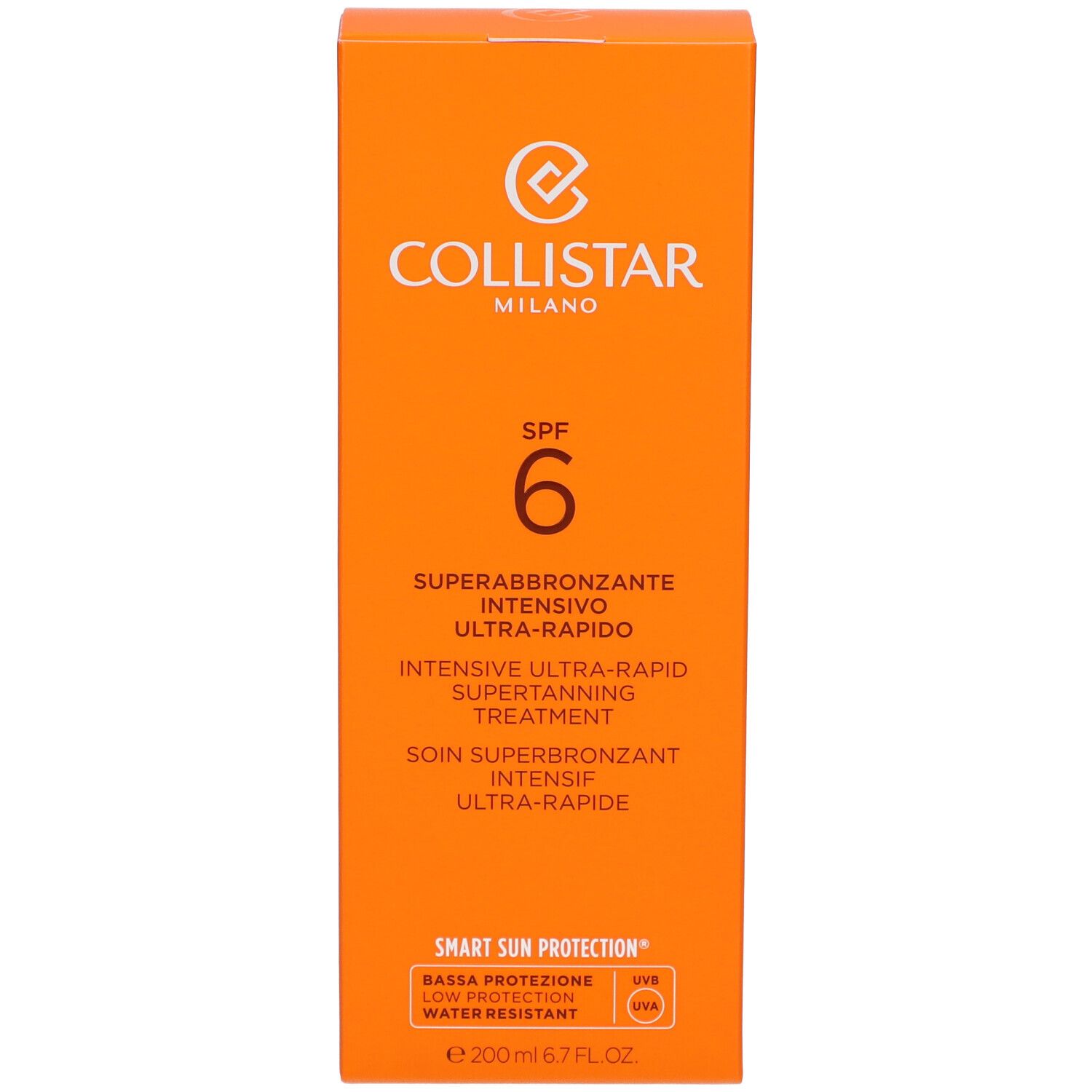 Boîte orange. Collistar Milano, SPF 6, Superabbronzante Intensivo Ultra-Rapido. Résistant à l'eau. 200 ml.