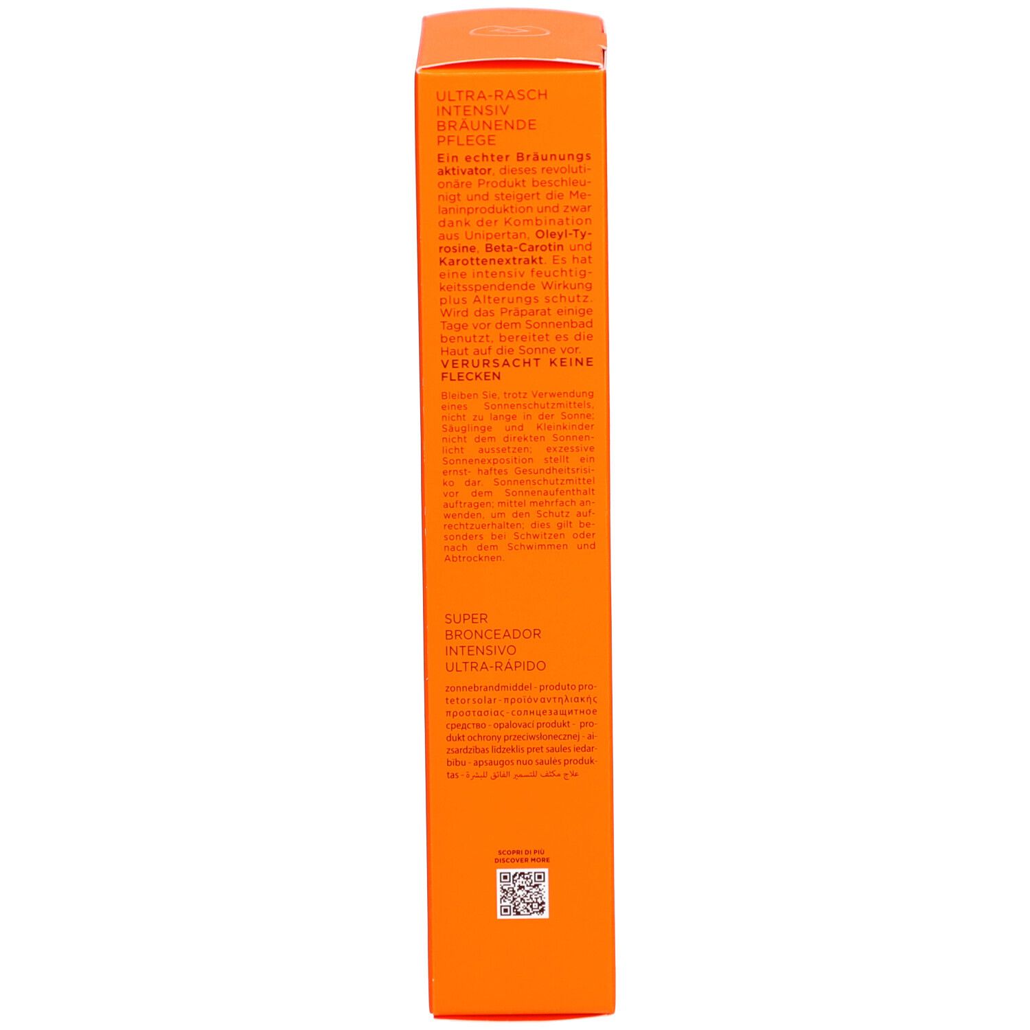 Boîte orange, vue latérale. Texte multilingue. Contient des informations sur le produit.