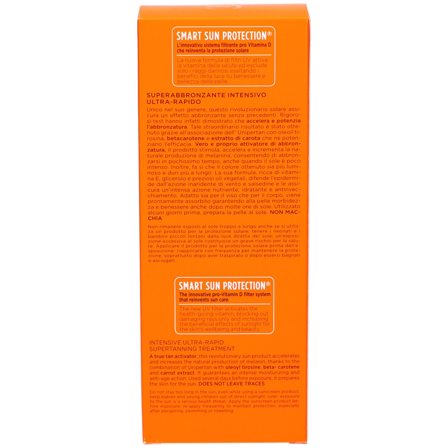 Boîte orange, texte multilingue. Contient des informations sur le produit et les ingrédients.