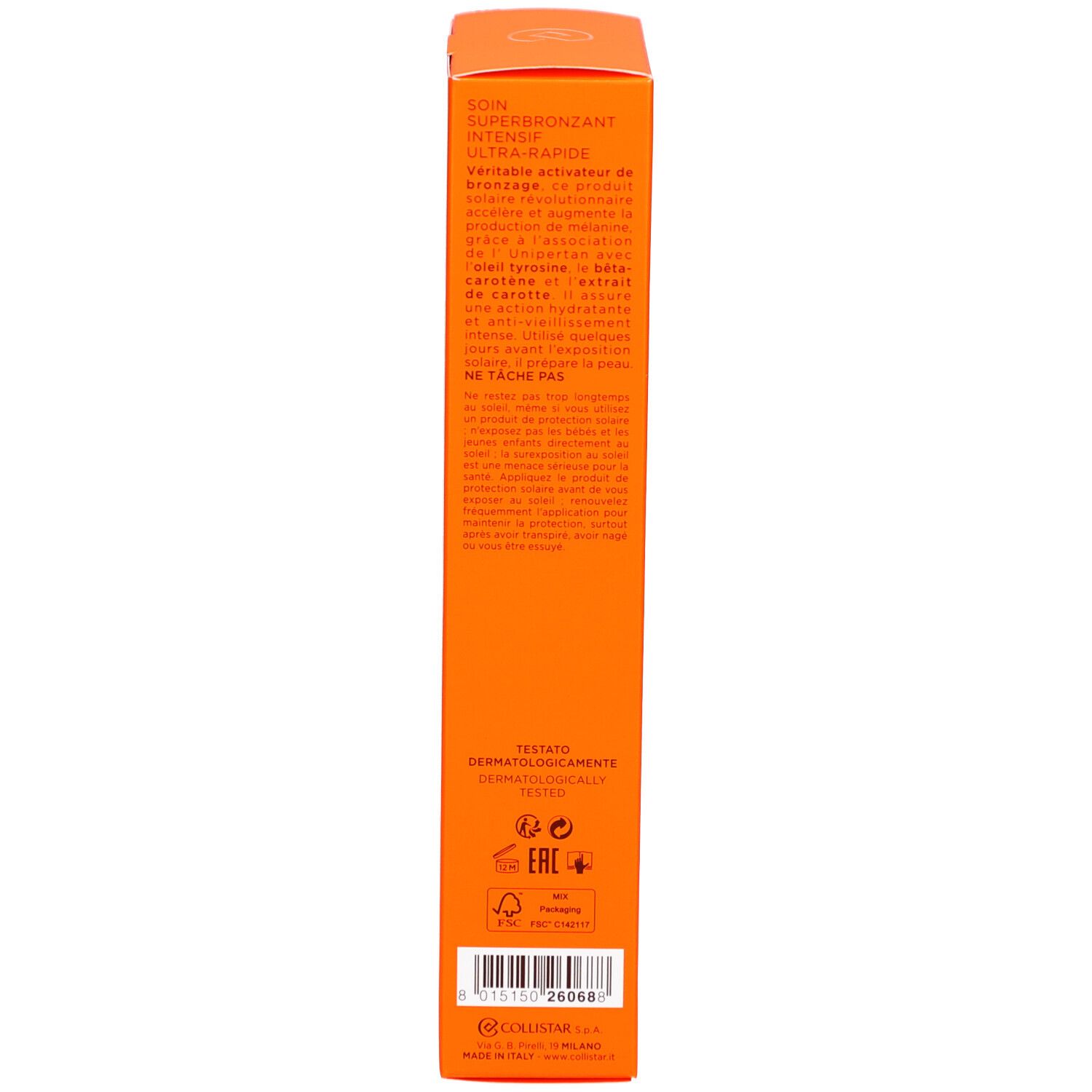 Boîte orange, texte multilingue. Contient des informations sur le produit et des certifications.