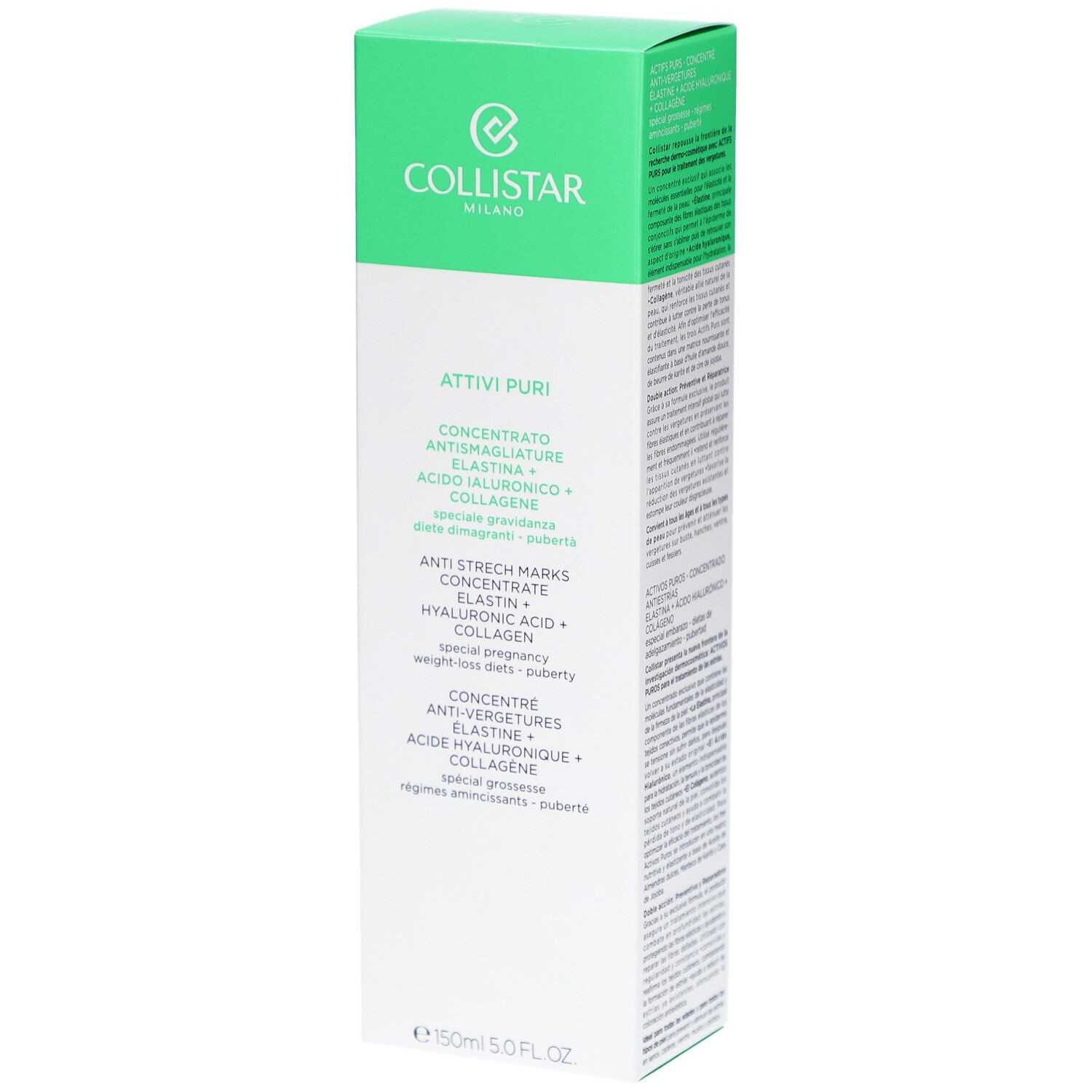 Collistar-verpakking. Groen-witte doos met productnaam en ingrediënten. Tekst in het Duits, Italiaans, Nederlands, Frans.