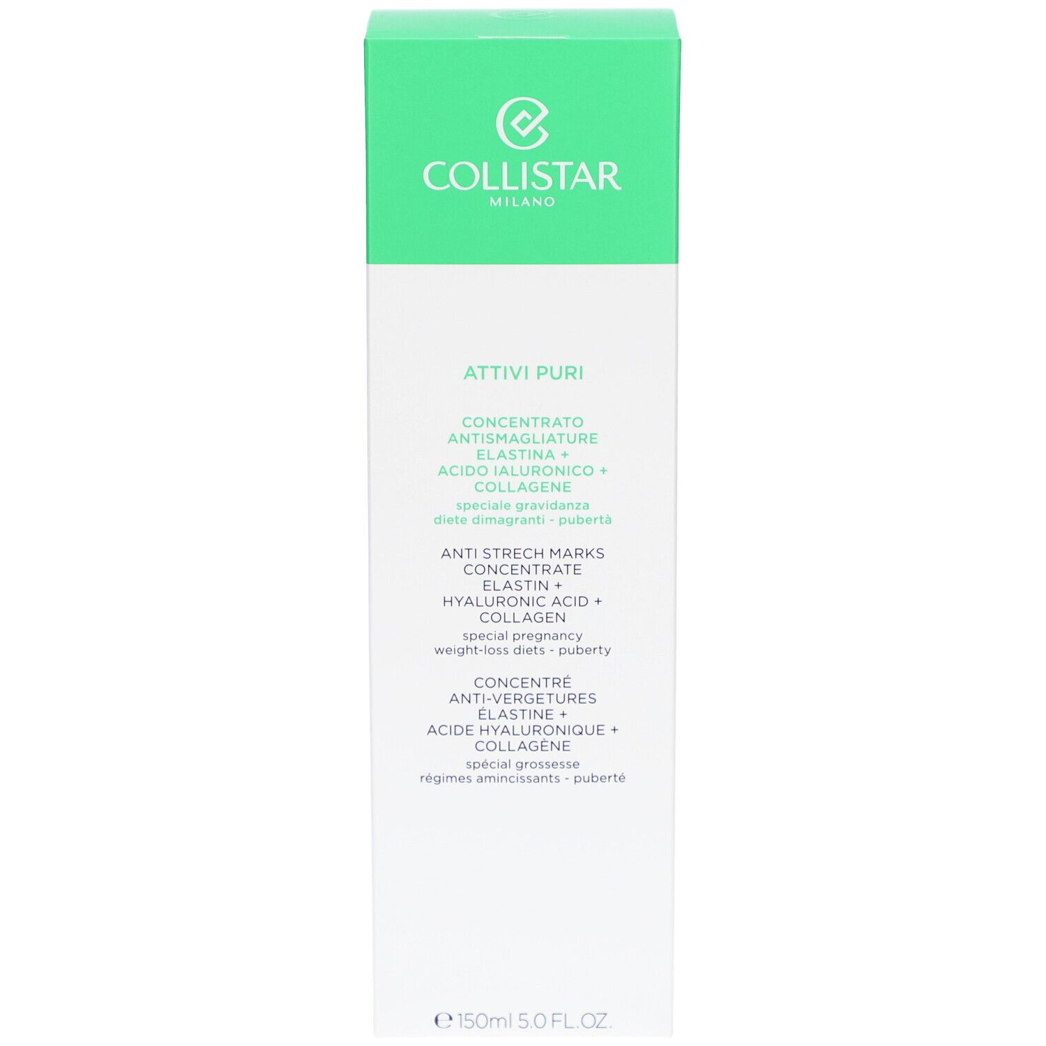 Collistar-verpakking. Groen-witte doos met productnaam en ingrediënten. Tekst in het Duits, Italiaans, Nederlands, Frans.