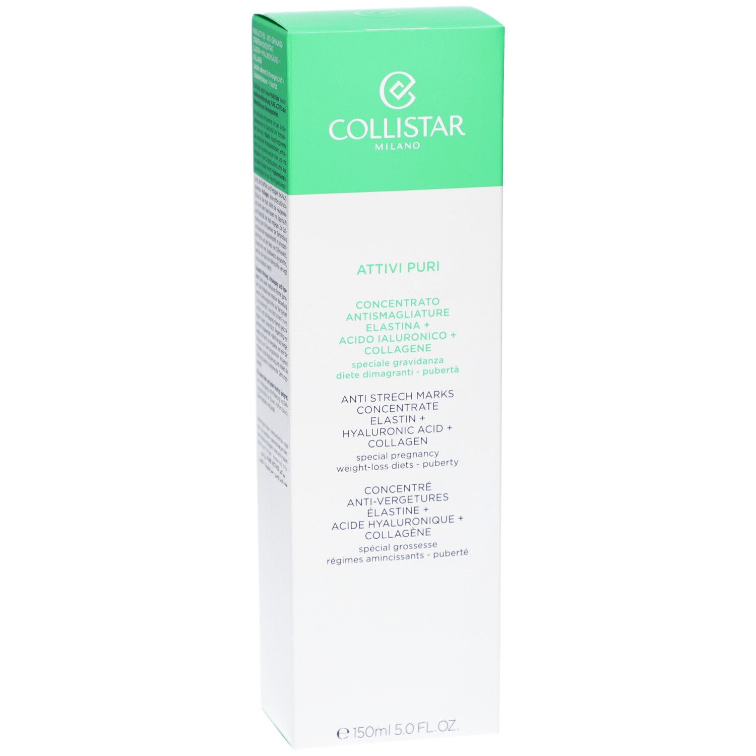Collistar-verpakking. Groen-witte doos met productnaam en ingrediënten. Tekst in het Duits, Italiaans, Nederlands, Frans.