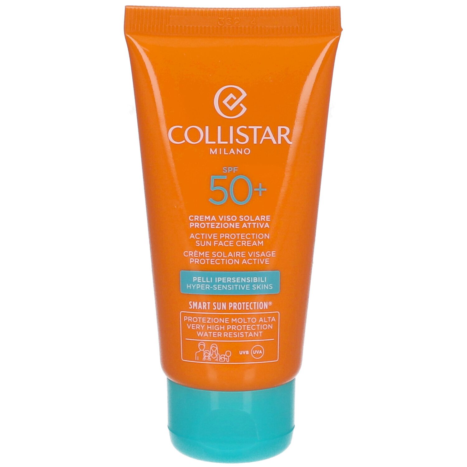 Oranje tube zonnecrème. Tekst: Collistar, SPF 50+, Active Protection Sun Face Cream. Turkoois dop.