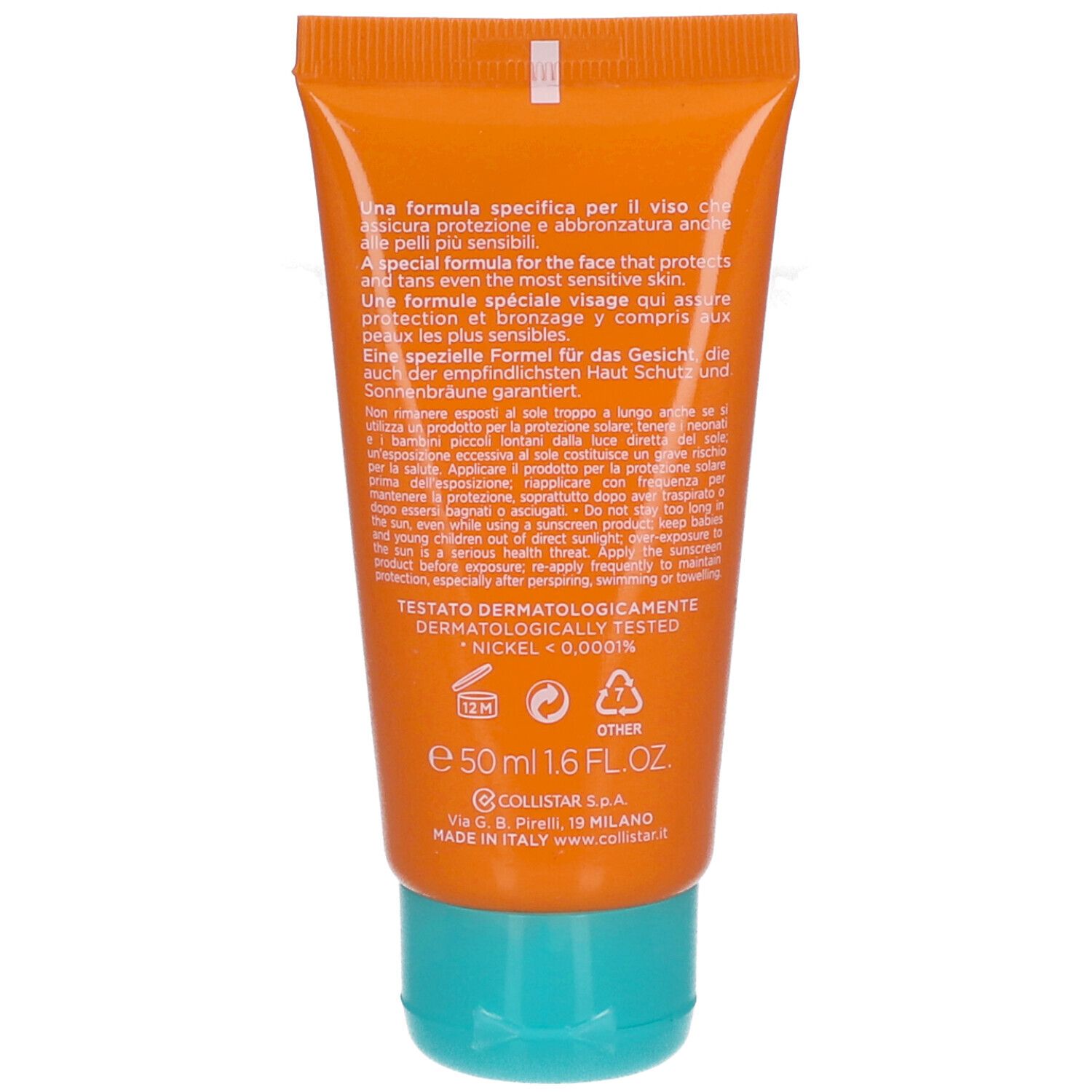 Achterkant van de zonnecrèmetube. Tekst: Dermatologisch getest, Nickel <0,0001%. 50 ml, 1.6 FL.OZ. Made in Italy.