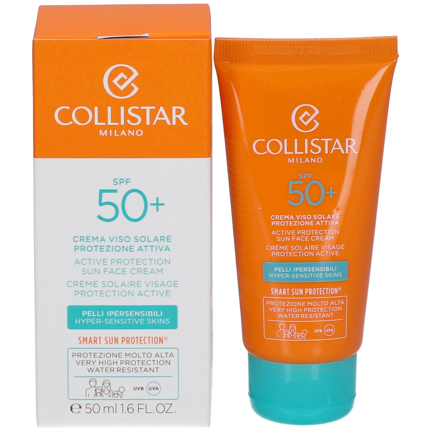 Zonnecrèmetube en doos. Tekst: Collistar, SPF 50+, Active Protection Sun Face Cream. 50 ml, 1.6 FL.OZ.
