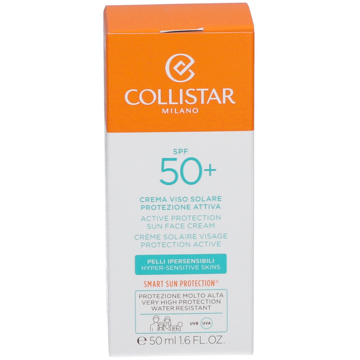 Doos met zonnecrème. Tekst: Collistar, SPF 50+, Active Protection Sun Face Cream. 50 ml, 1.6 FL.OZ.