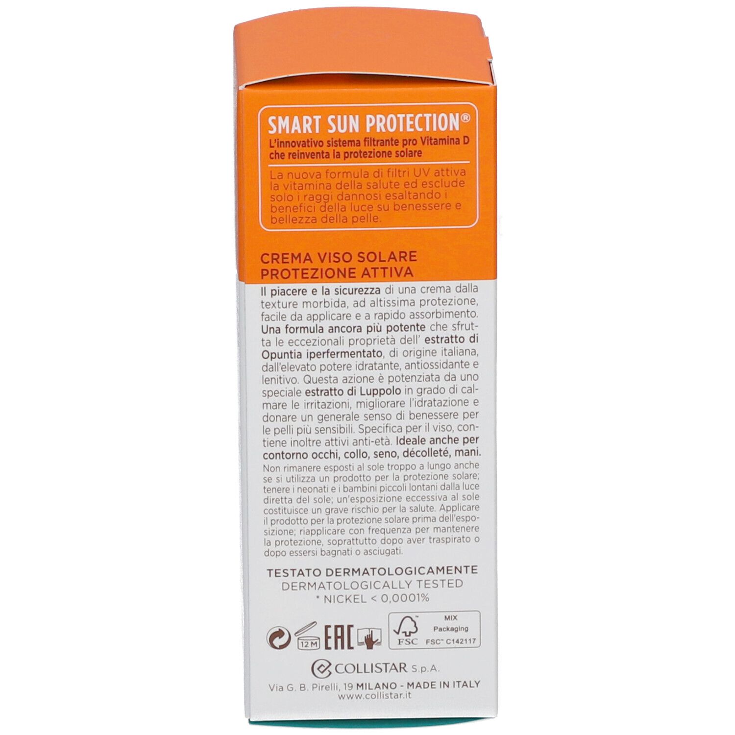 Achterkant van de zonnecrèmedoos. Tekst: Smart Sun Protection, Active Protection Sun Face Cream. Dermatologisch getest.