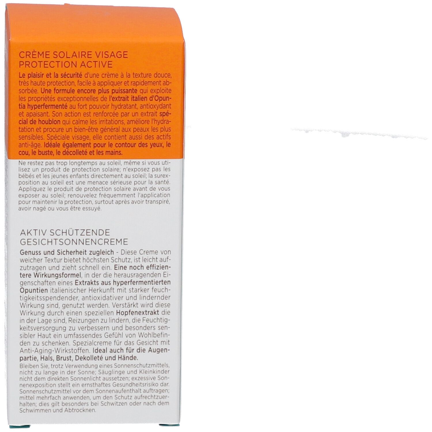 Zijkant van de zonnecrèmedoos. Tekst: Actieve bescherming zonnecrème gezicht. Dermatologisch getest. Nickel <0,0001%.
