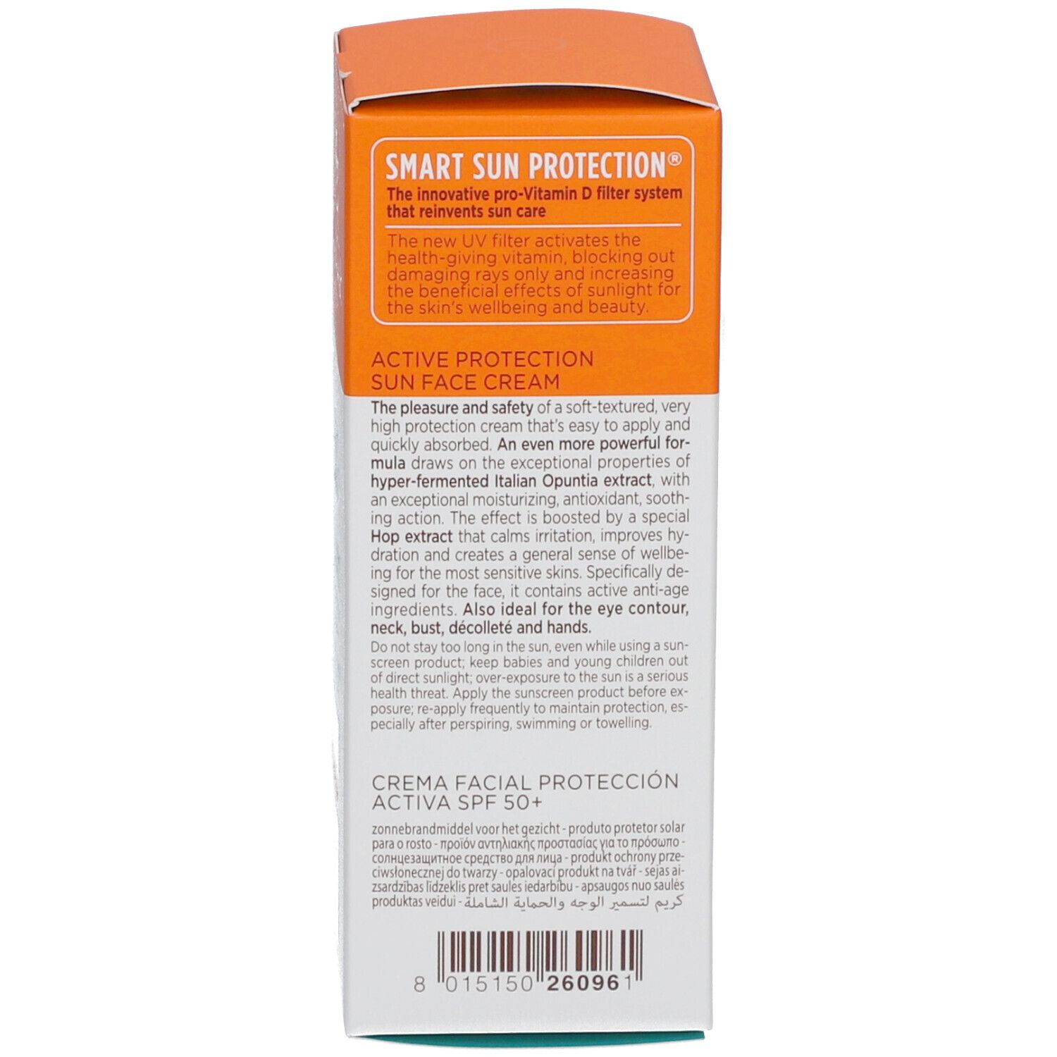 Zijkant van de zonnecrèmedoos. Tekst: Smart Sun Protection, Active Protection Sun Face Cream. Ingrediënten.