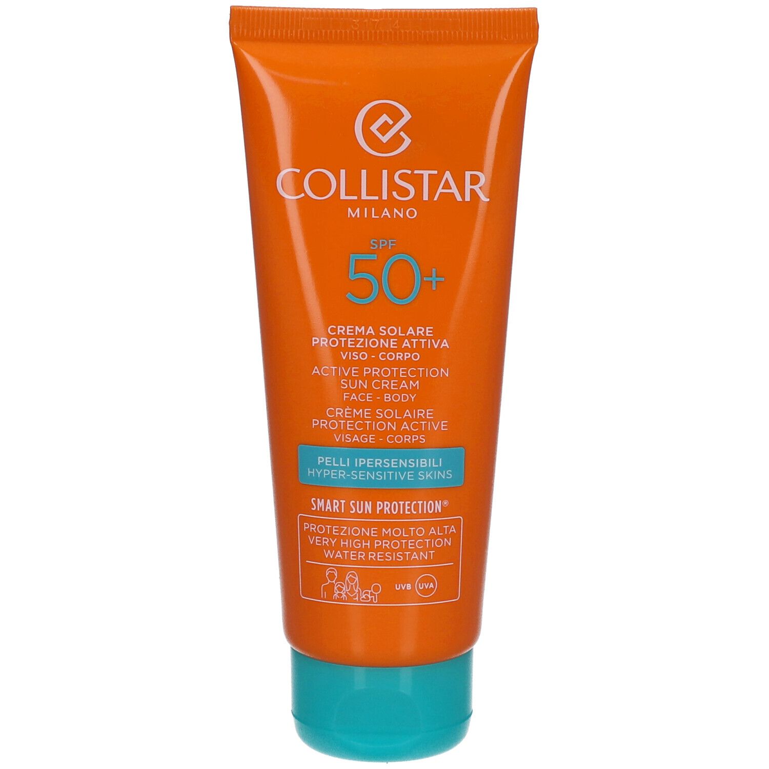 Oranje tube met blauwe dop. Tekst: Collistar Milano, SPF 50+, Active Protection Sun Cream.