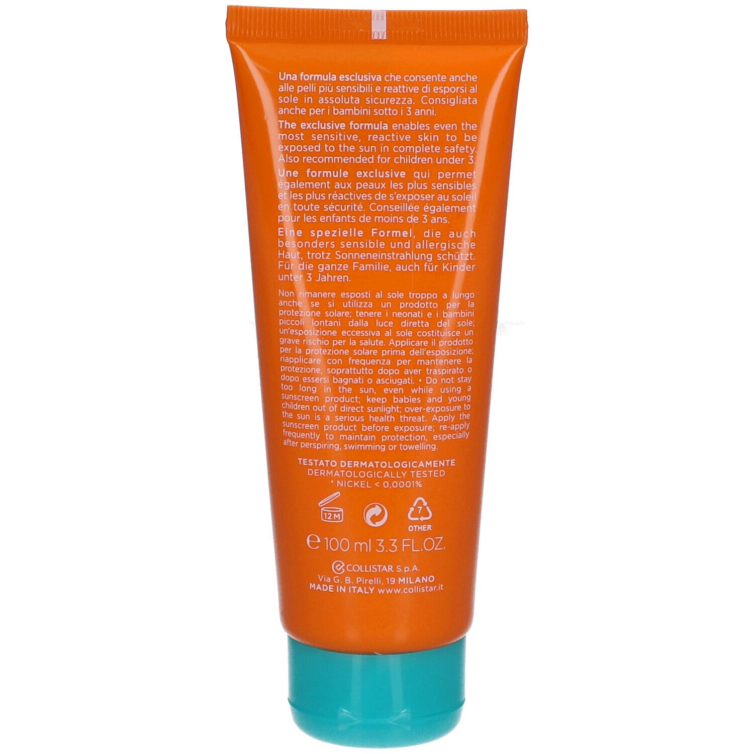 Achterkant van de tube. Tekst: Collistar, 100 ml, dermatologisch getest, voor kinderen vanaf 3 jaar.
