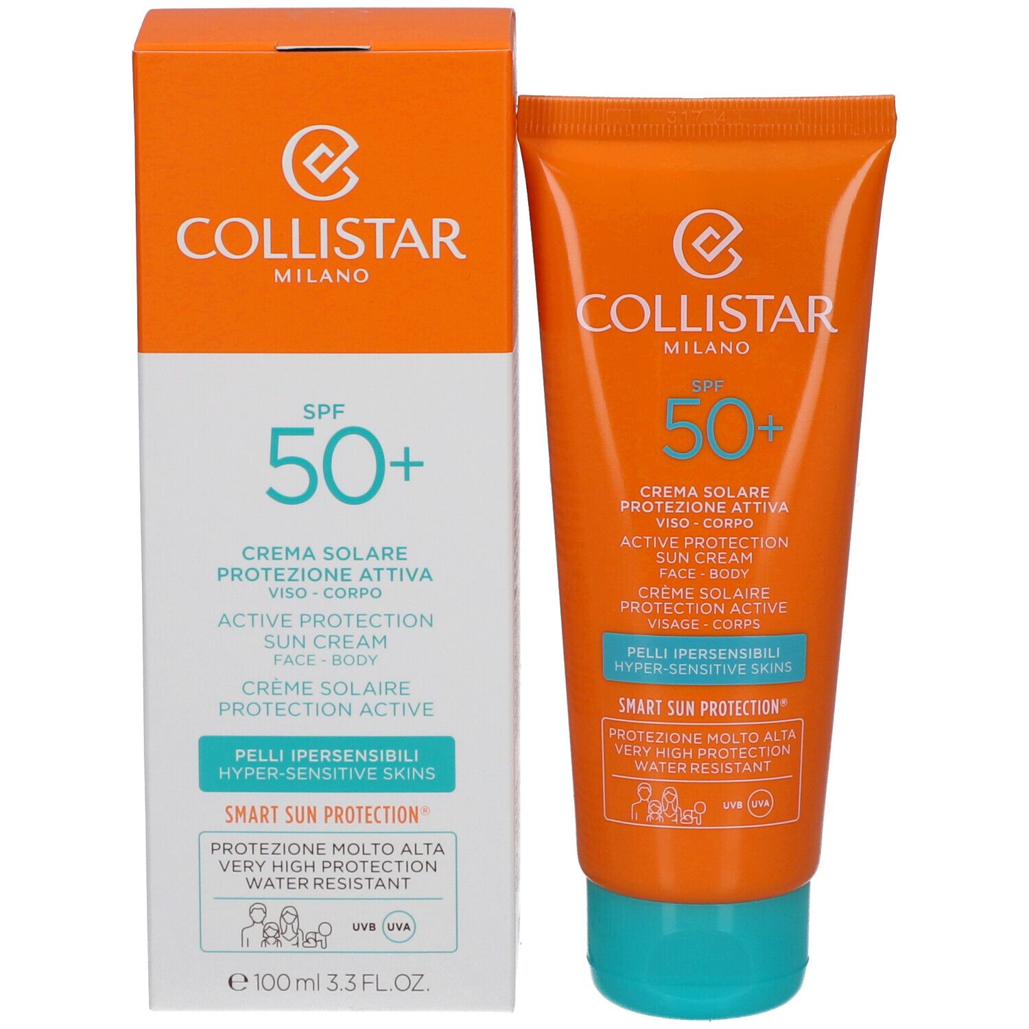 Product en verpakking. Tube en doos. Tekst: Collistar Milano, SPF 50+, Active Protection Sun Cream.