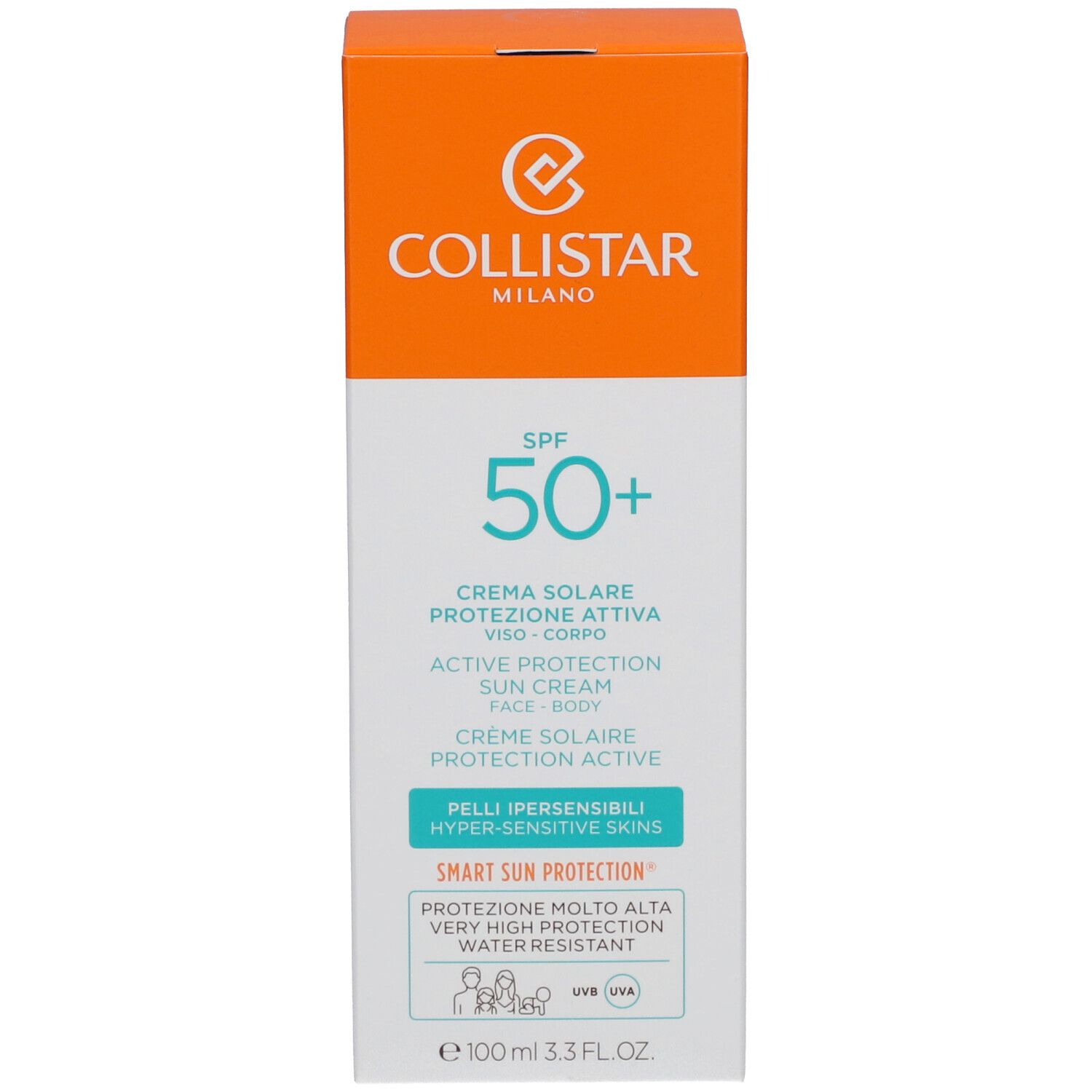 Verpakking. Tekst: Collistar Milano, SPF 50+, Active Protection Sun Cream, 100 ml.
