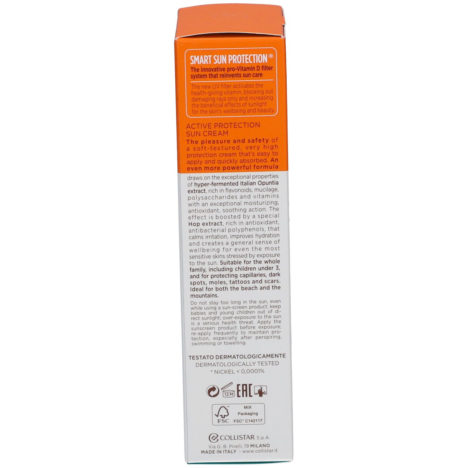 Achterkant van de verpakking. Tekst: Active Protection Sun Cream, dermatologisch getest, Nikkel 0,0000%.