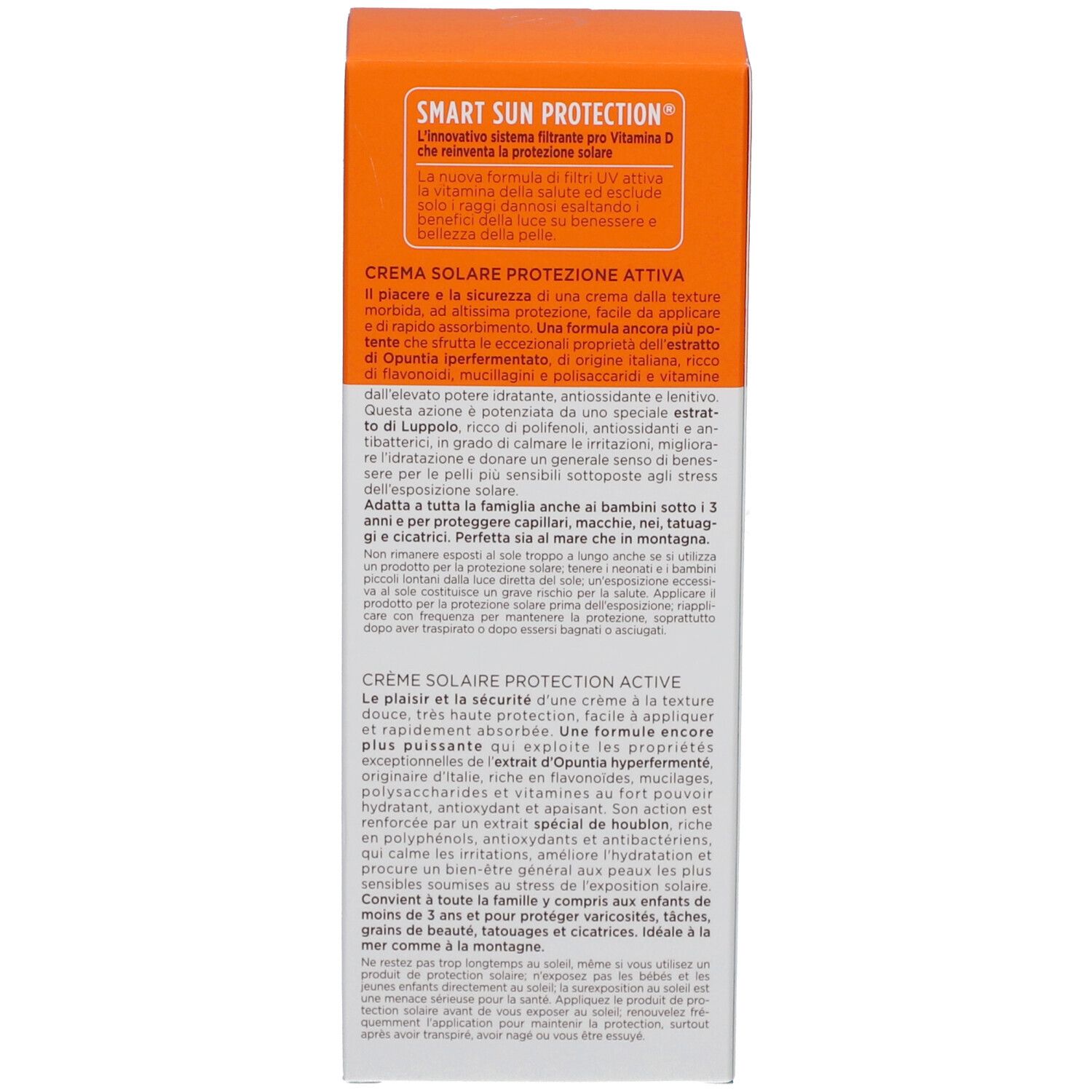 Achterkant van de verpakking. Tekst: Active Protection Sun Cream, dermatologisch getest, Nikkel 0,0000%.