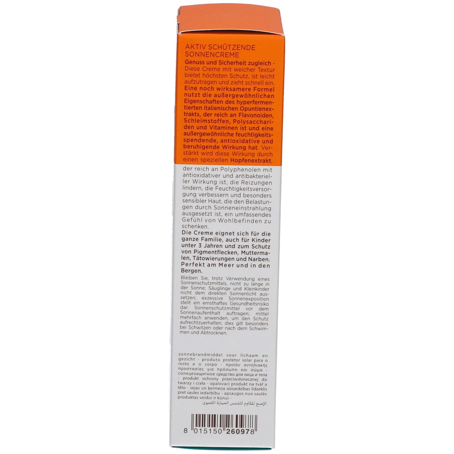 Achterkant van de verpakking. Tekst: Active Protection Sun Cream, dermatologisch getest, Nikkel 0,0000%.