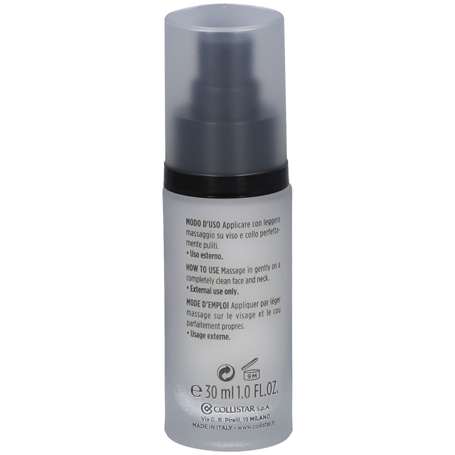 Flesje met pomp. Opschrift: Modo d'uso, How to use, Mode d'emploi. Volume: 30 ml.
