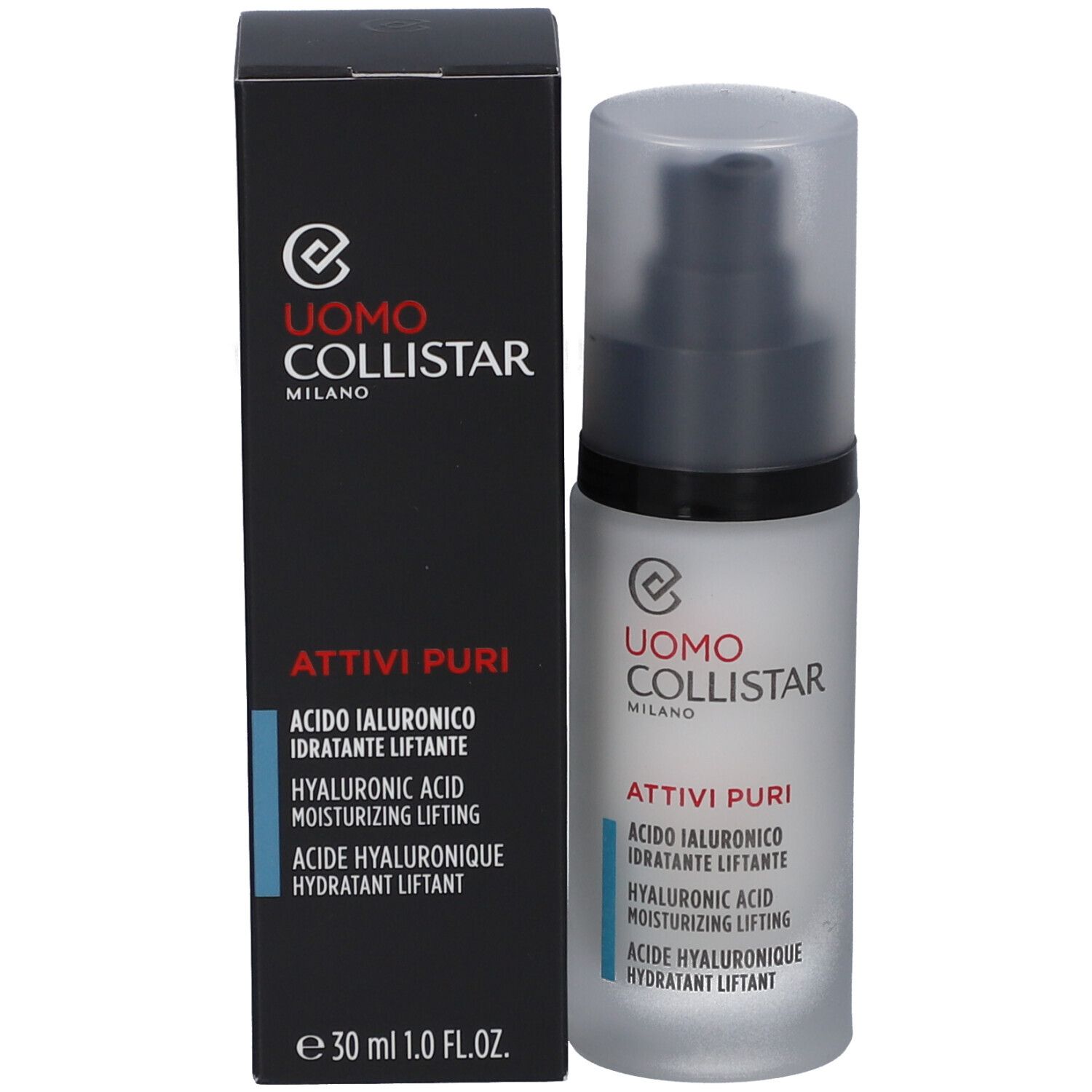 Product en verpakking. Opschrift: Uomo Collistar, Attivi Puri, Acido Ialuronico, Hydratant Liftant.