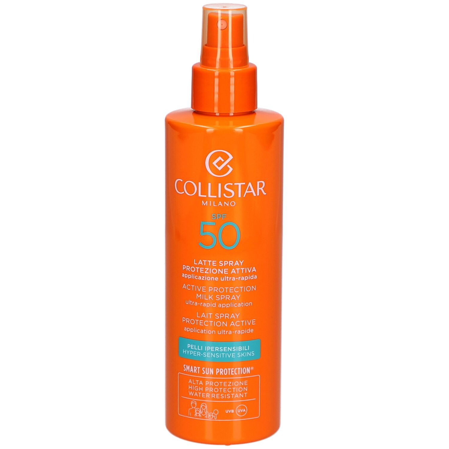 Flacon spray orange avec impression blanche. Contient SPF 50. Marque Collistar Milano.